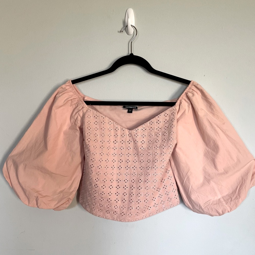Express soft pink off the shoulder balloon sleeves crop top size small